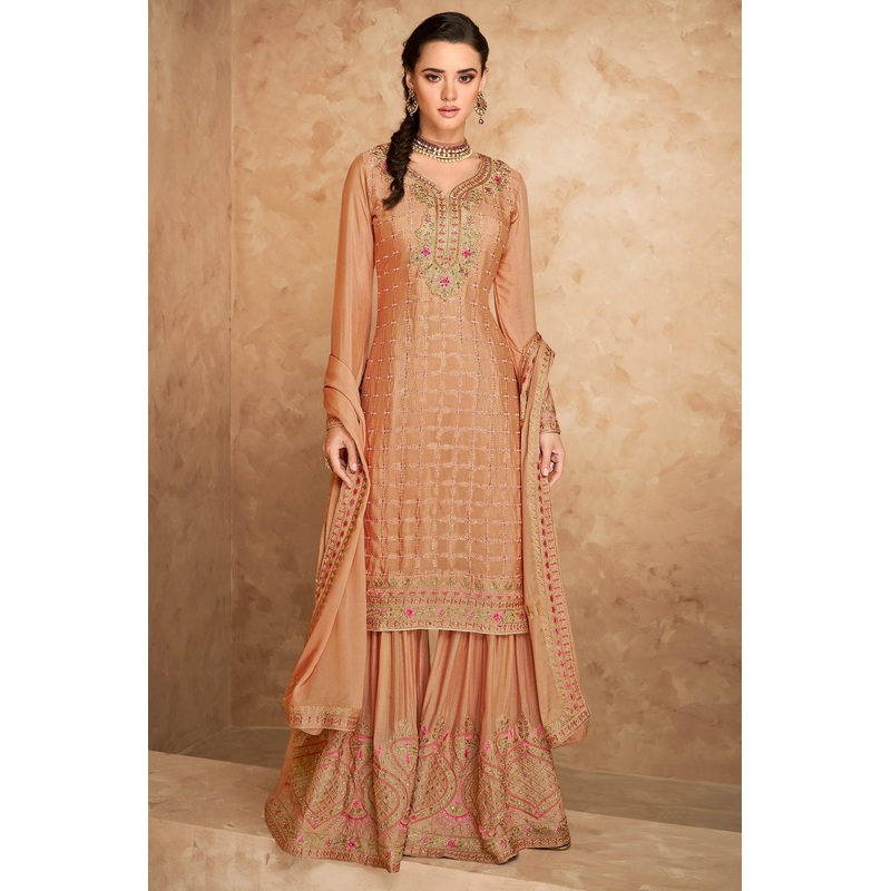 Designer Light Peach Georgette Embroidered Sharara Outfit