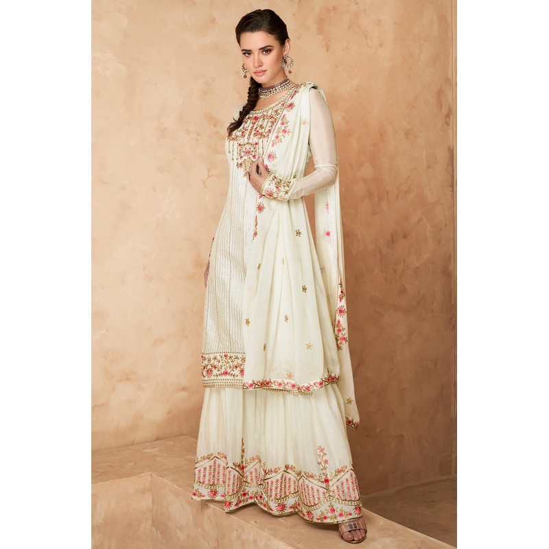 Designer Off White Georgette Embroidered Sharara Outfit