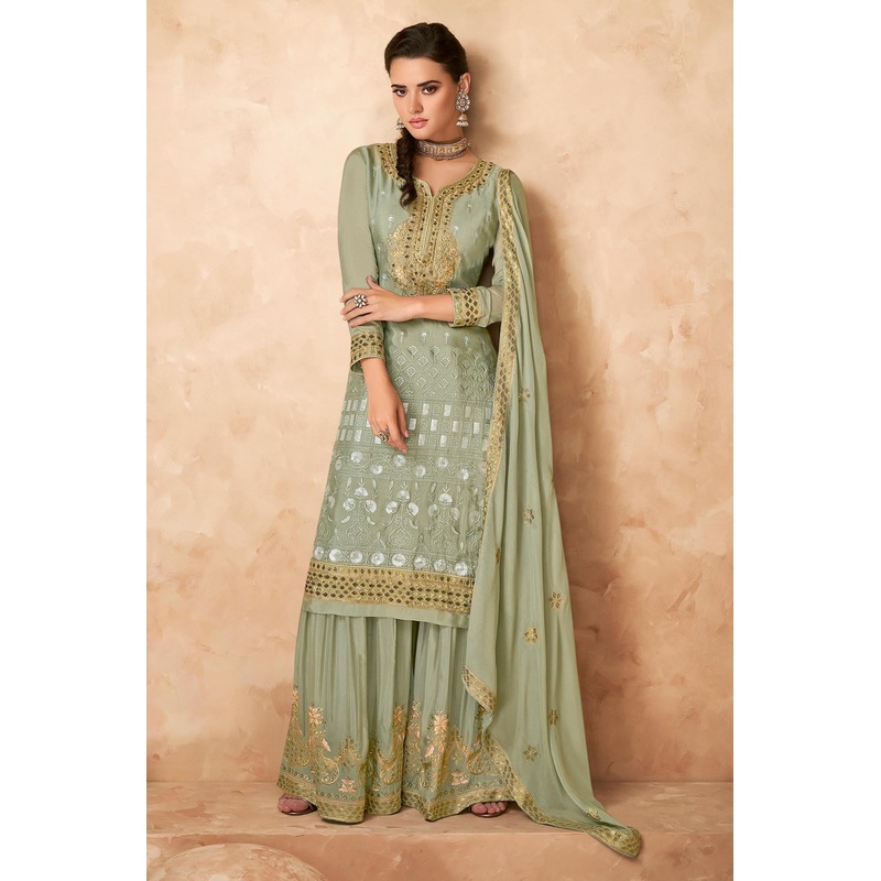 Designer Pistachio Green Georgette Embroidered Sharara Outfit