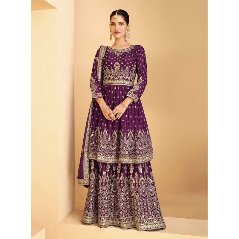 Designer Plum Purple Georgette Pakistani Style Sharara Suit