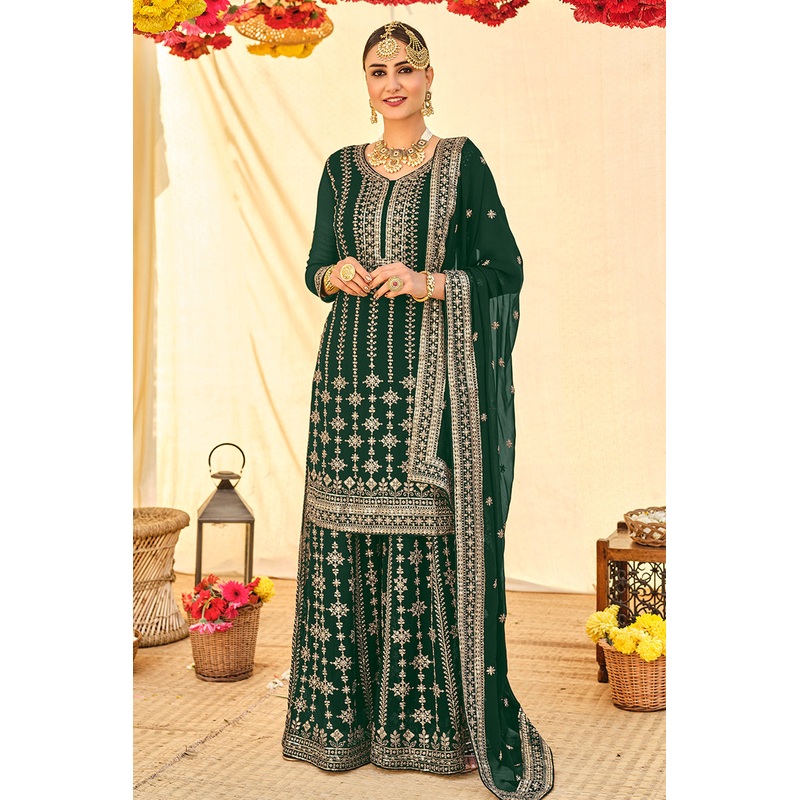 Elegant Green All Over Embroidered Palazzo Style Suit