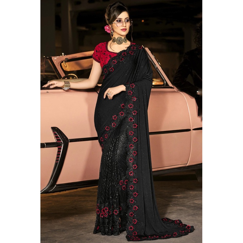Fancy Attractive Black Luxe Fabric Designer Saree