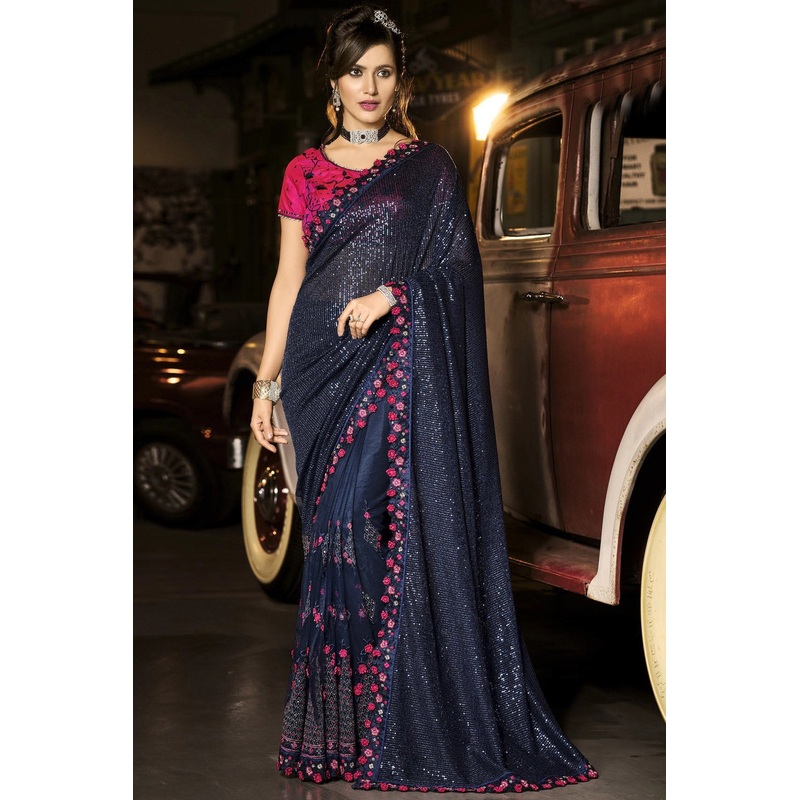 Fancy Charming Blue Luxe Fabric Designer Saree