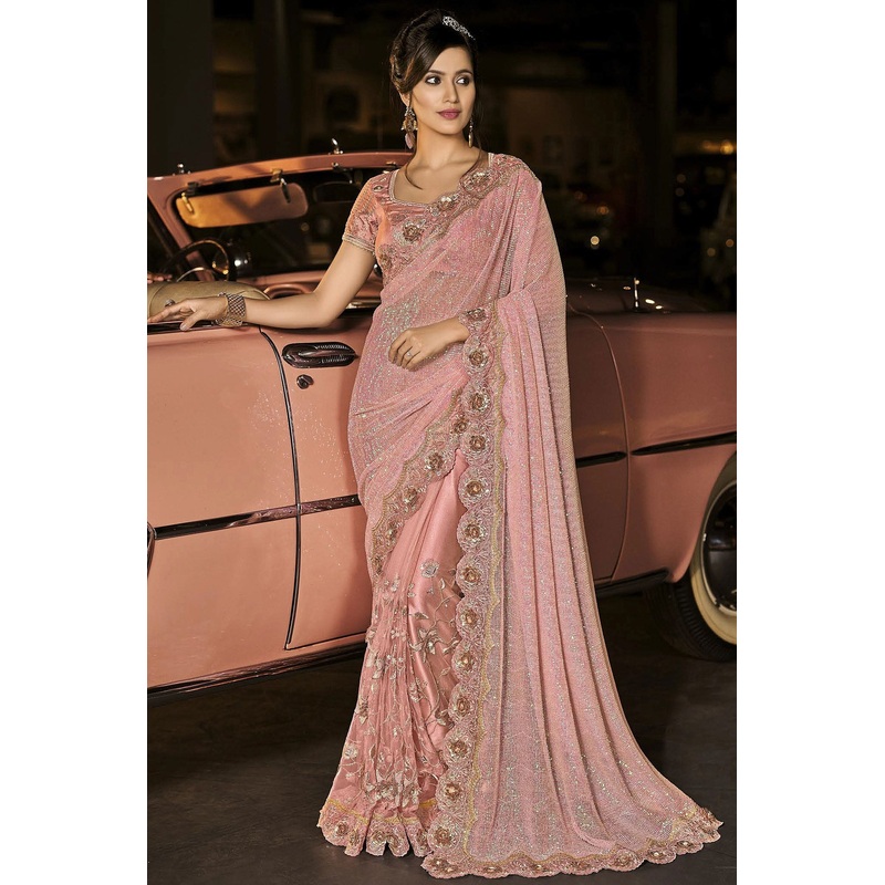 Fancy Coral Peach Net Designer Saree