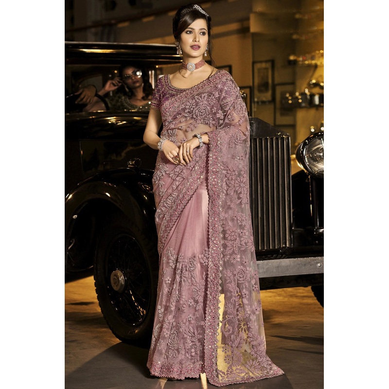 Fancy Dusty Pink Net Designer Saree