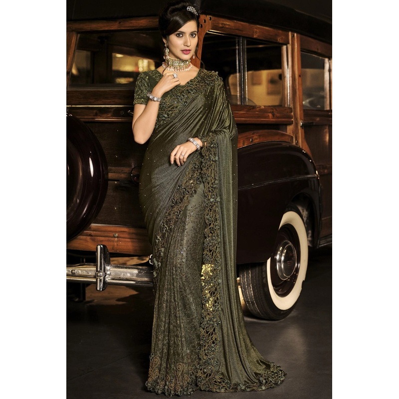 Fancy Mahendi Green Luxe Fabric Designer Saree
