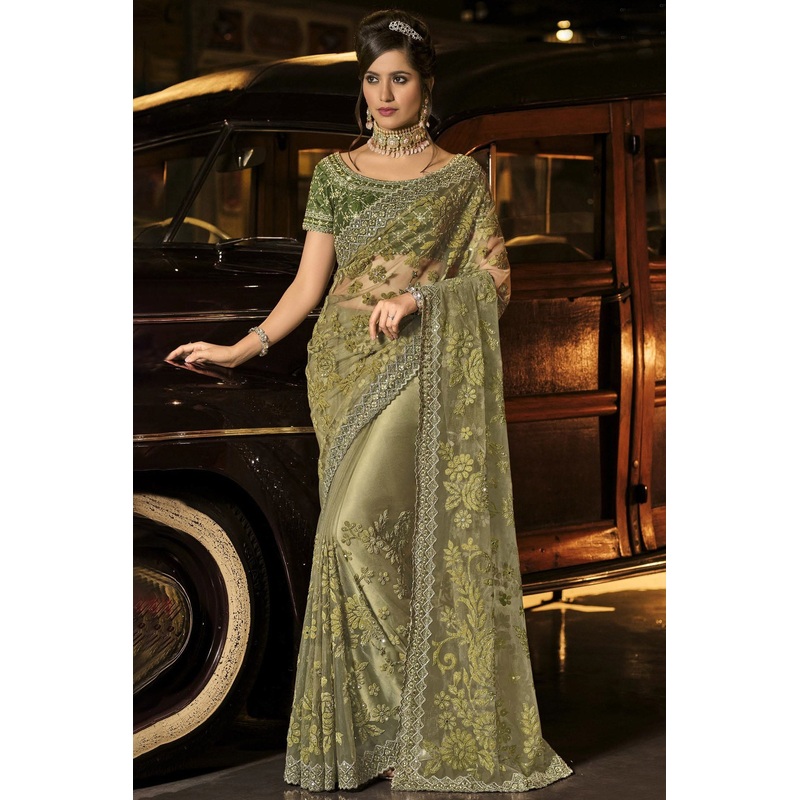 Fancy Moss Green Net Designer Saree