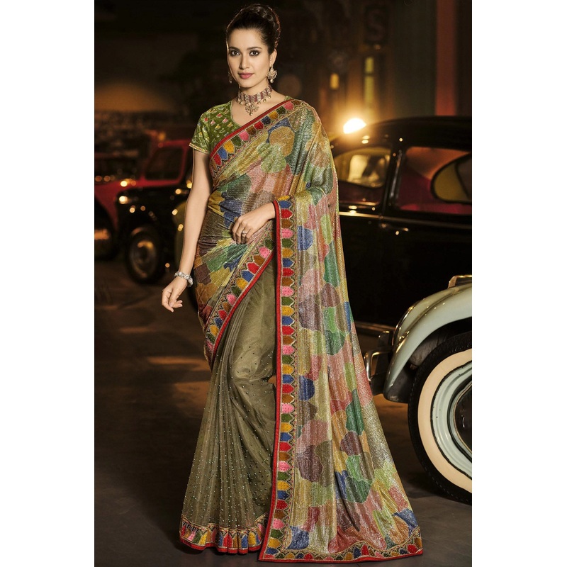 Fancy Multi Green Luxe Net Fabric Designer Saree