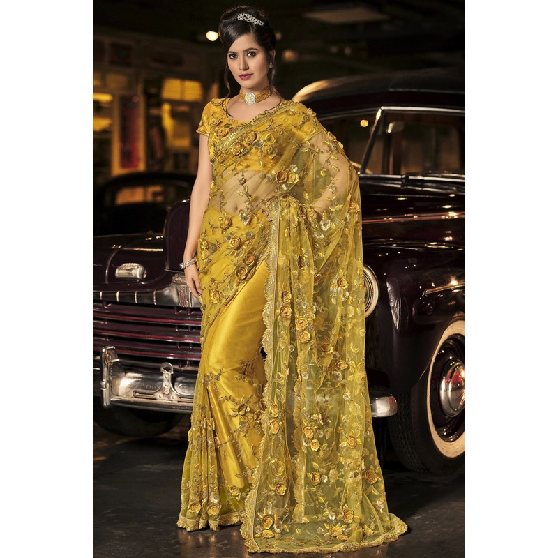 Fancy Mustard Yellow Net Designer Saree