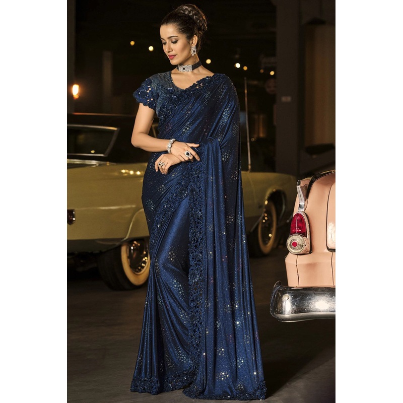 Fancy Navy Blue Luxe Fabric Designer Saree