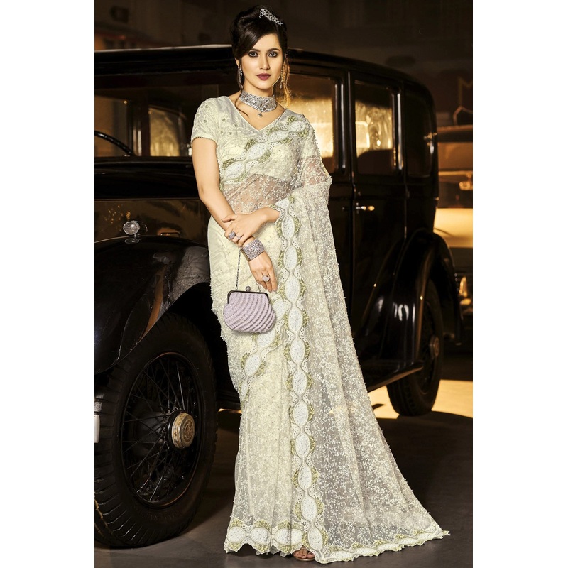 Fancy Pearl White Net Designer Saree