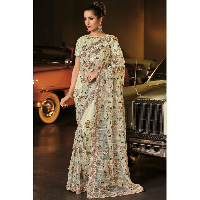 Fancy Royal Cream Net Designer Saree