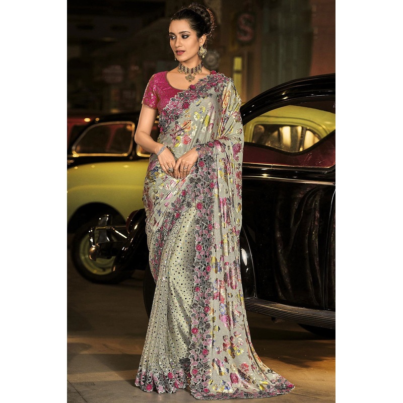 Fancy Sage Green Net Designer Saree