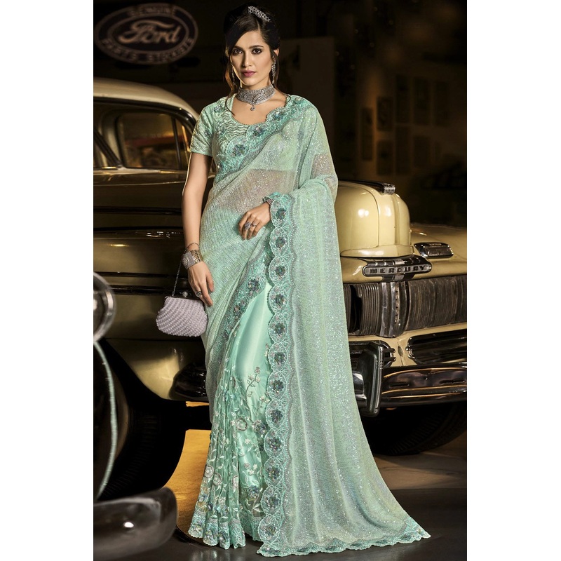 Fancy Sea Green Luxe Net Fabric Designer Saree