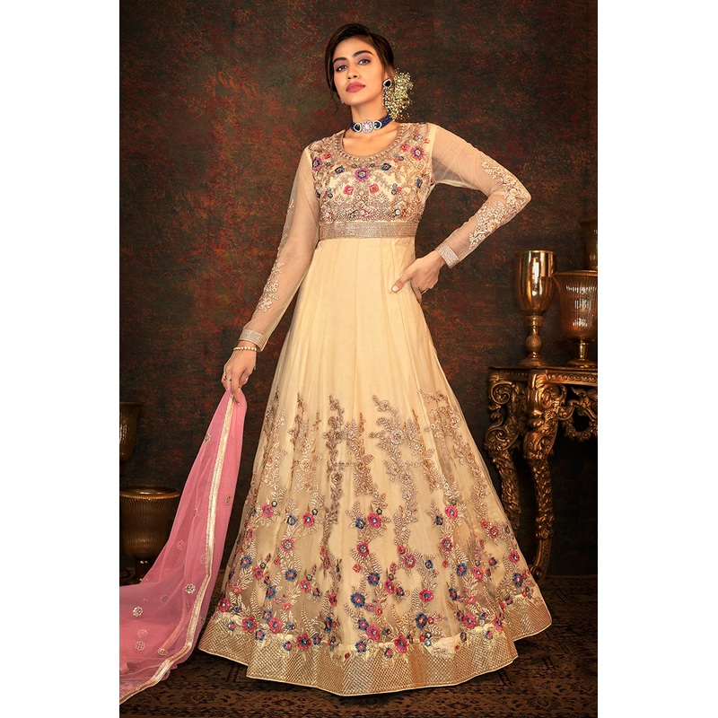 Floral Embroidered Beige Designer Wedding Anarkali Suit