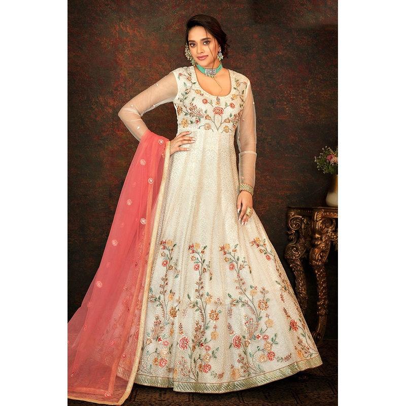 Floral Embroidered Cream Designer Wedding Anarkali Suit