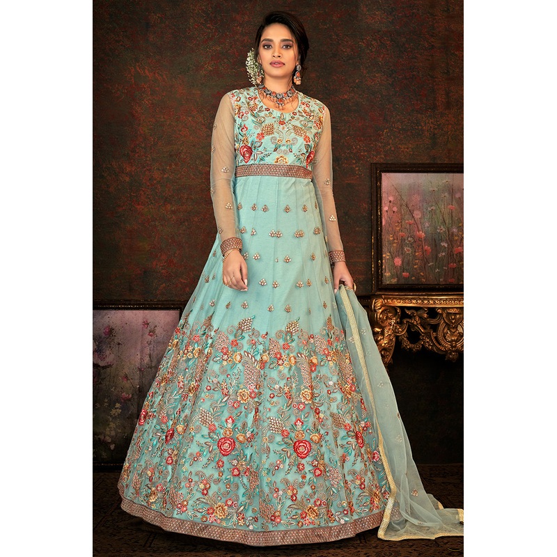 Floral Embroidered Dusty Blue Designer Wedding Anarkali Suit