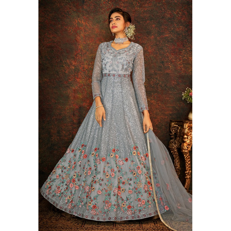 Floral Embroidered Grey Designer Wedding Anarkali Suit