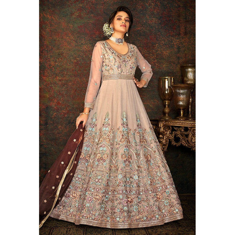 Floral Embroidered Pastel Brown Designer Wedding Anarkali Suit