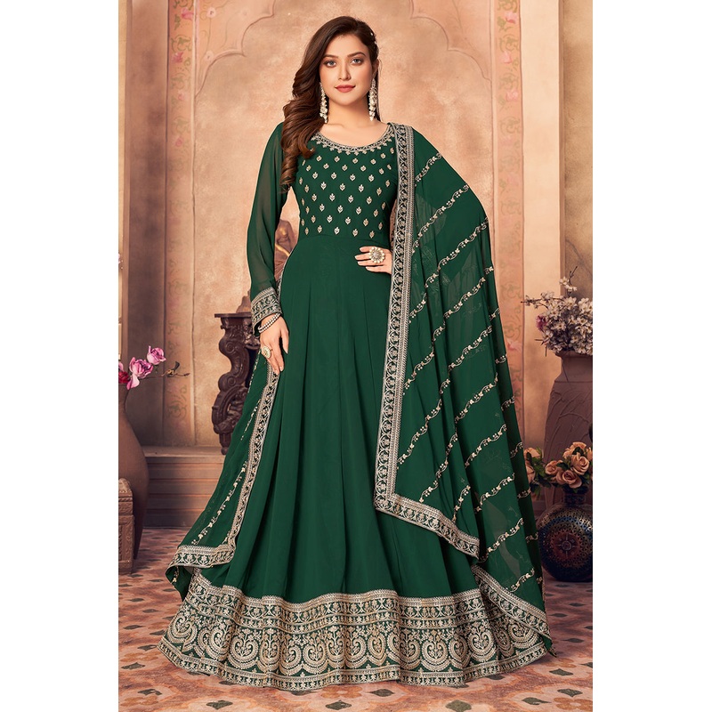 Georgette Designer Festival Anarkali Suit in Forest Green