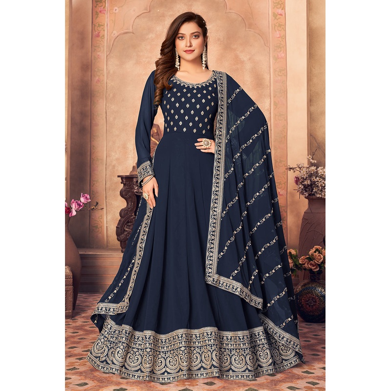 Georgette Designer Festival Anarkali Suit in Navy Blue