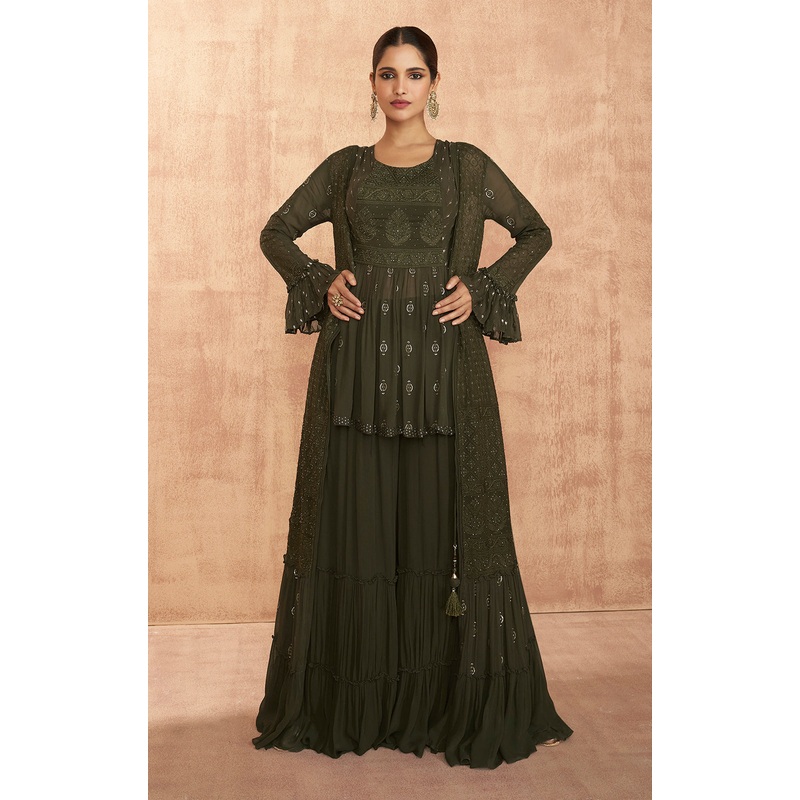 Green Crop Top 3 Piece Georgette Indo-Western Palazzo Suit