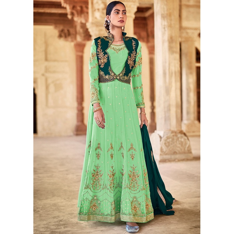 Green Designer Embroidered Georgette Anarkali with Jacket