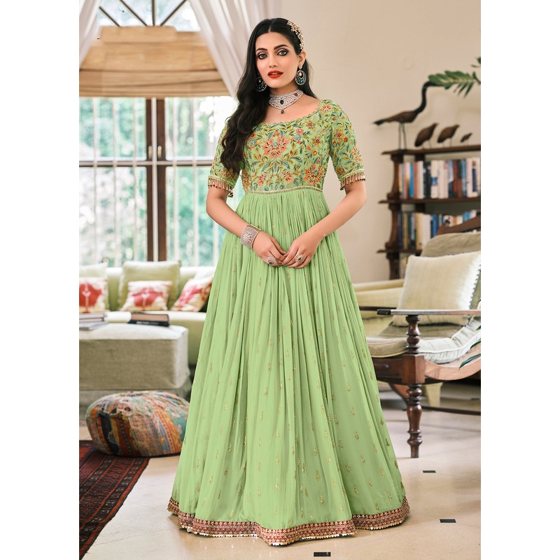 Green Designer Motifs Embellished Georgette Anarkali Suit