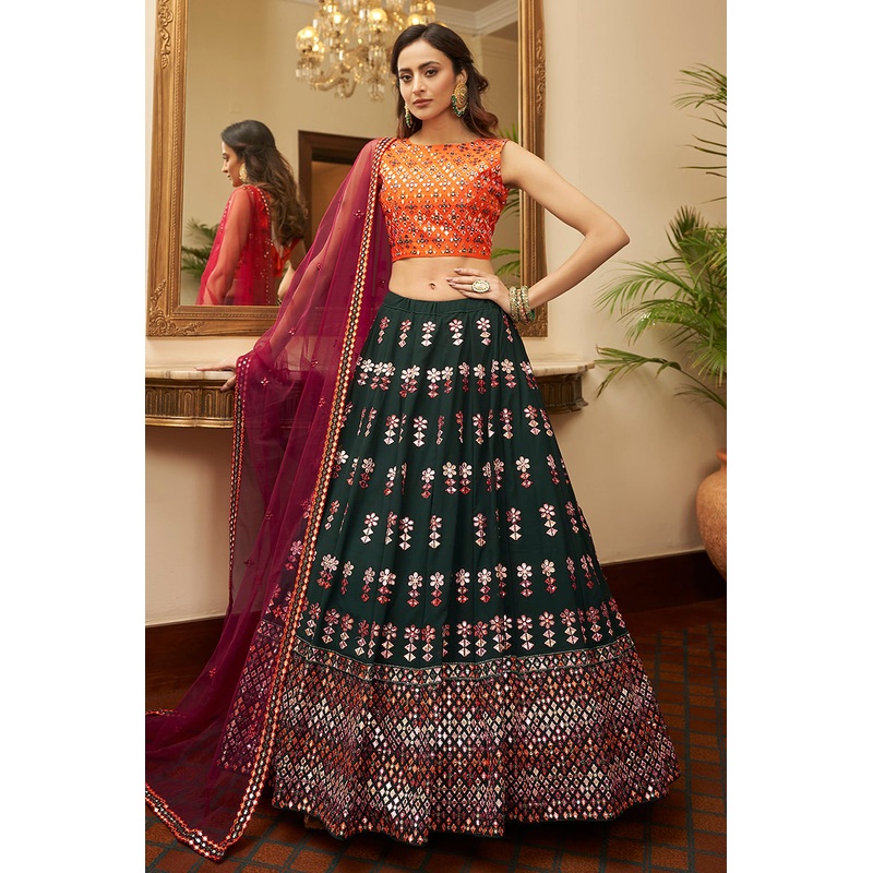 Green & Orange Gotta Patti Embroidered Lehenga Choli