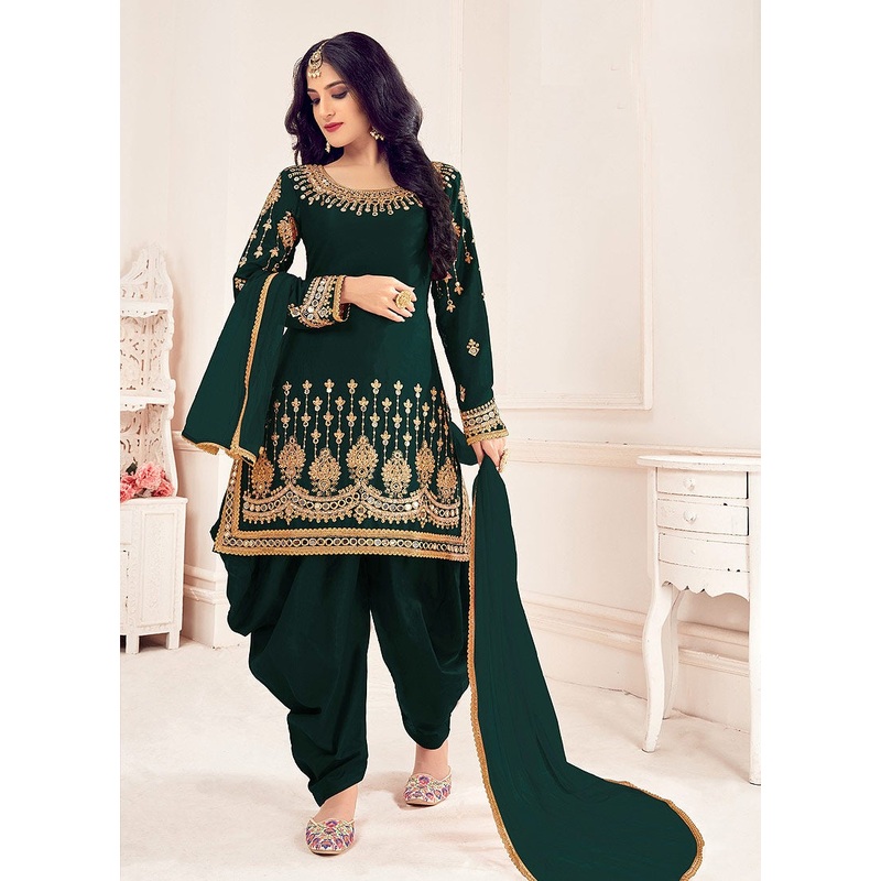 Green Patiala Style Mirror Embroidered Punjabi Suit