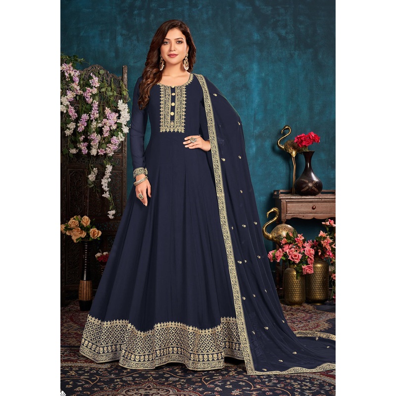 Heavy Thread Embroidered Blue Georgette Anarkali Gown