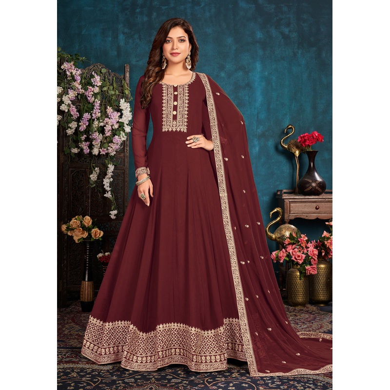 Heavy Thread Embroidered Maroon Georgette Anarkali Gown