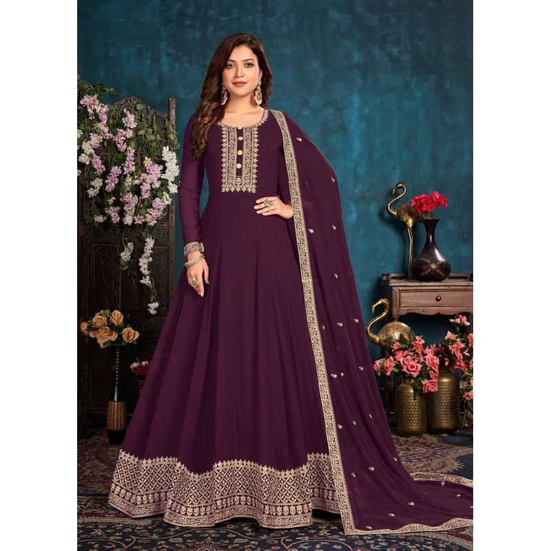 Heavy Thread Embroidered Wine Georgette Anarkali Gown