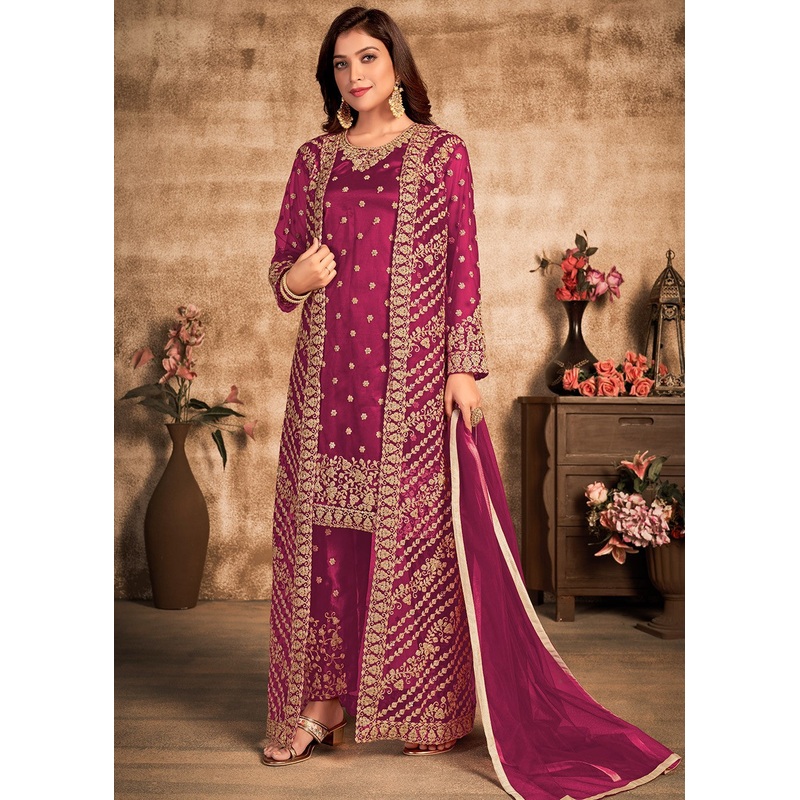 Hot Pink Stone Work Festival Jacket Style Suit