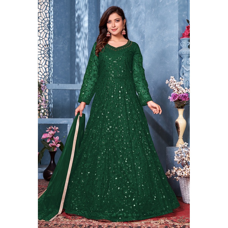 Intriguing Green Two Tone Embroidered Sequins Anarkali Suit