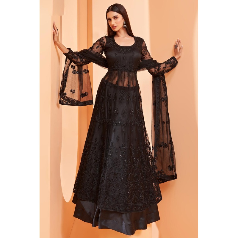 Lehenga/Pant Style Black Sequins Work Anarkali Suit