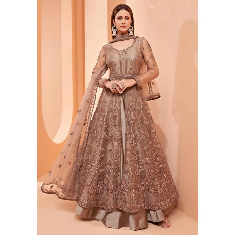 Lehenga/Pant Style Brown Sequins Work Anarkali Suit