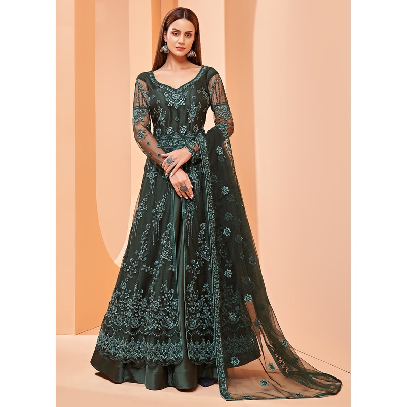 Lehenga/Pant Style Green Sequins Work Anarkali Suit