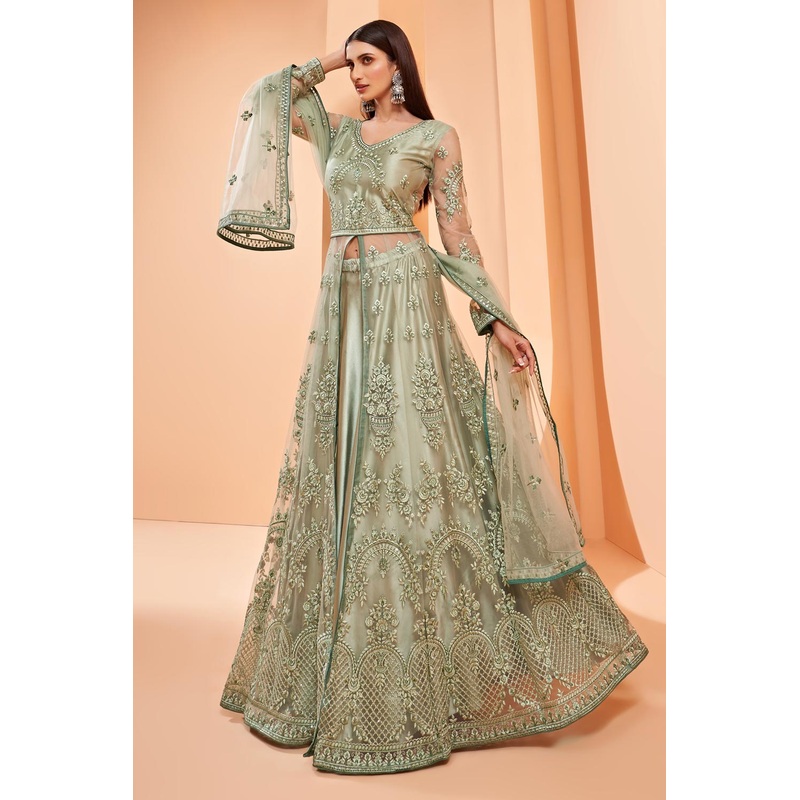 Lehenga/Pant Style Pastel Green Sequins Work Anarkali Suit