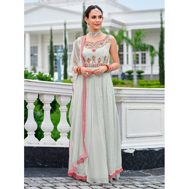 Light Grey Palazzo Style Viscose Georgette Anarkali Suit