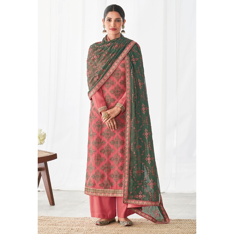 Light Pink Floral Motifs Embroidered Palazzo Pants Suits