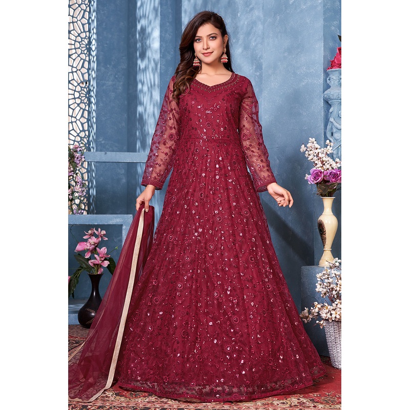 Lovely Maroon Two Tone Embroidered Sequins Anarkali Suit