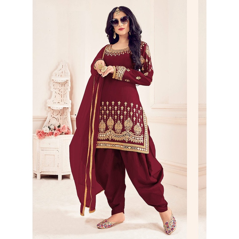 Maroon Patiala Style Mirror Embroidered Punjabi Suit