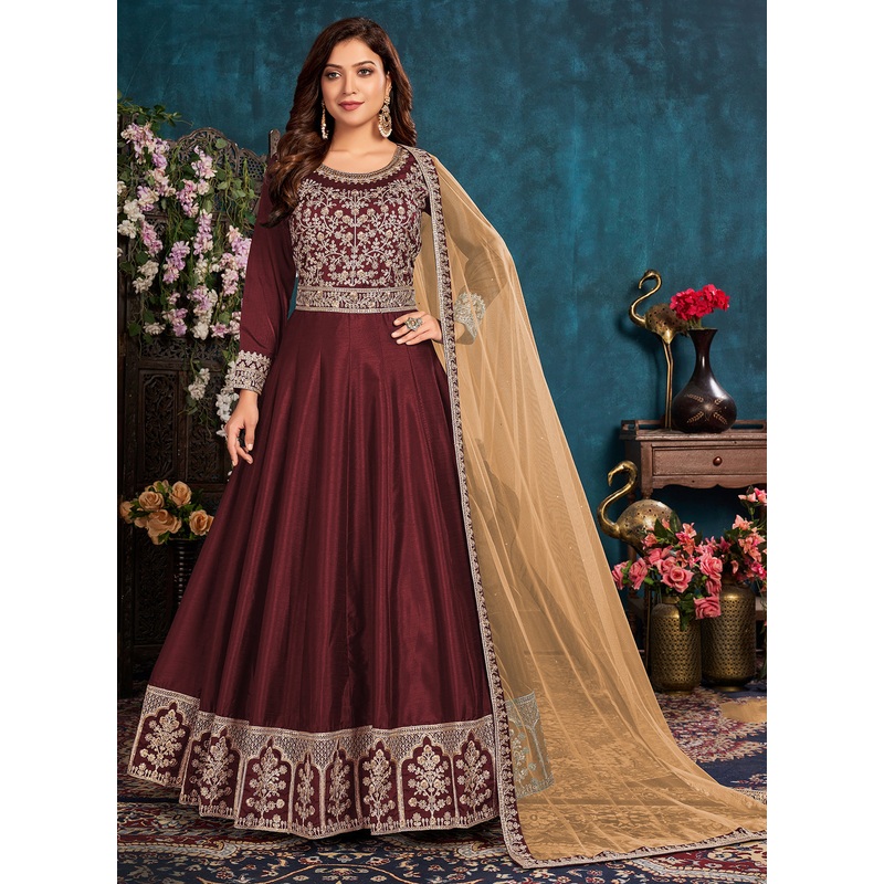 Maroon Wedding Art Silk Embroidered Anarkali Suit