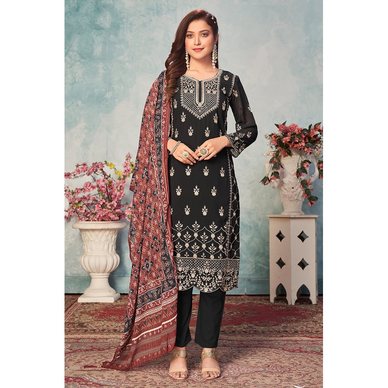 Matte Black Festival Wear Embroidered Georgette Suit