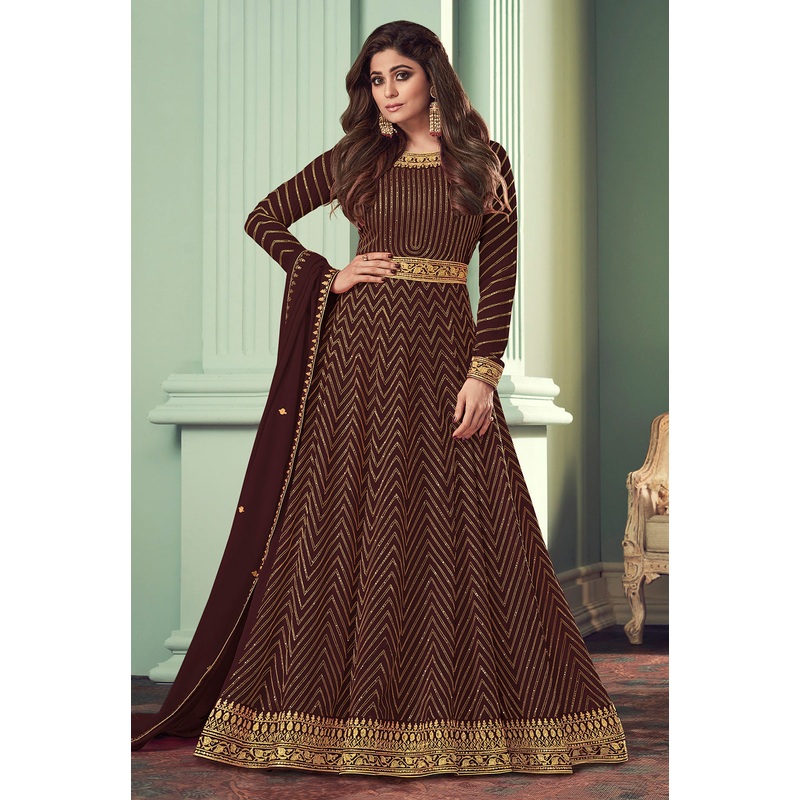 Mocha Brown Belt Style Anarkali Featuring Shamita Shetty