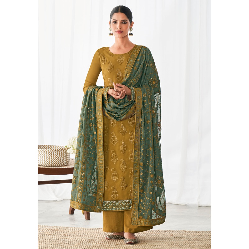 Mustard Floral Motifs Embroidered Palazzo Pants Suits