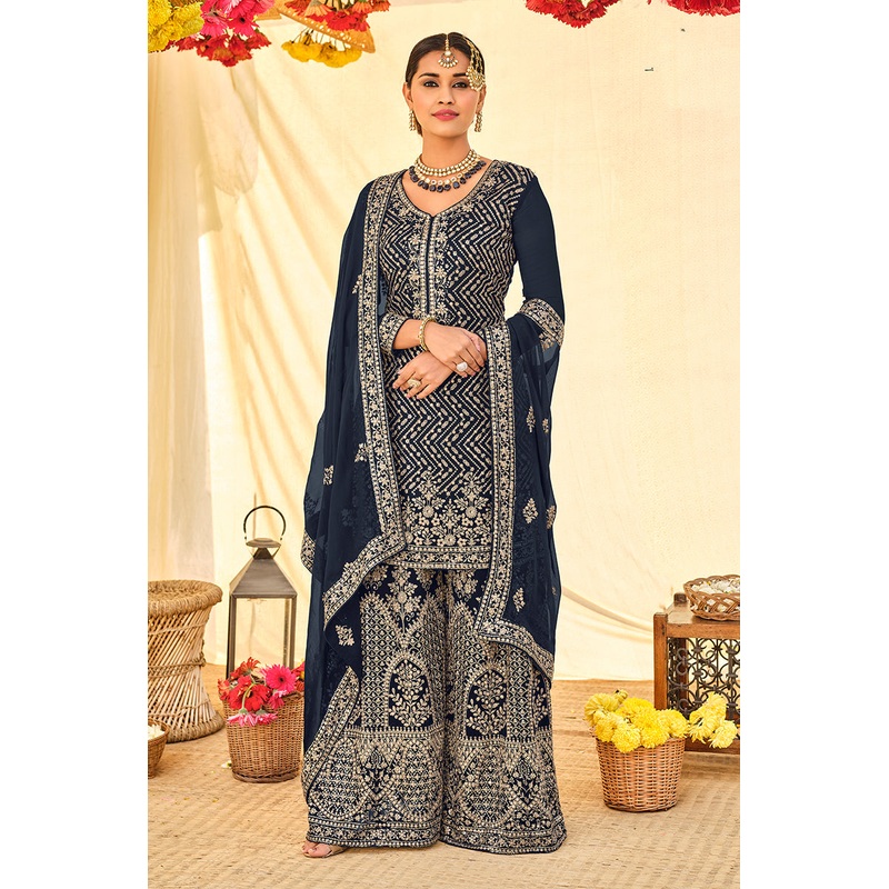 Navy Blue All Over Embroidered Palazzo Style Suit