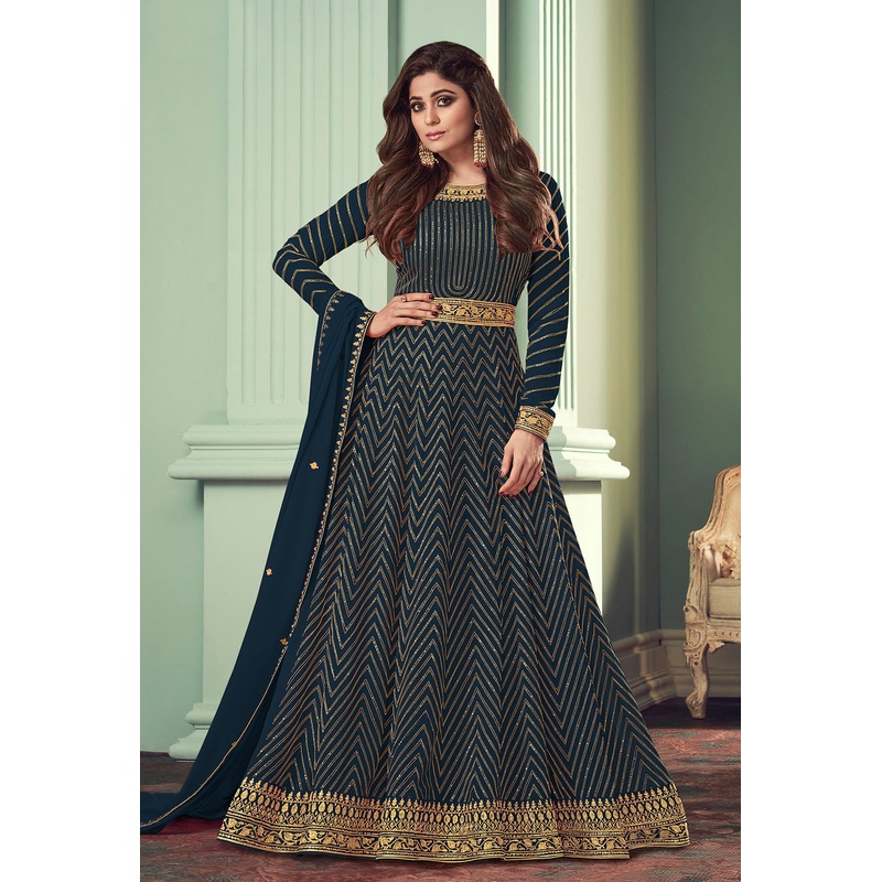 Navy Blue Belt Style Anarkali Featuring Shamita Shetty