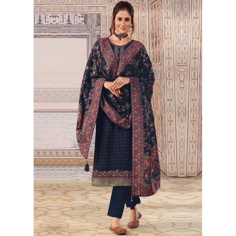 Navy Blue Chinnon Sequins Embroidered Pant Style Suit